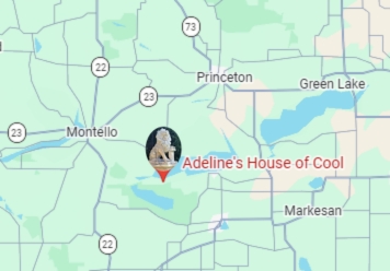 Map with a pin marking Adeline's House of Cool near Princeton, Wisconsin.